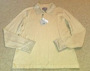 NWT Womens Sweater-LIV-MILANO-beige pullover w/bejeweled collar & sleeves ls-S